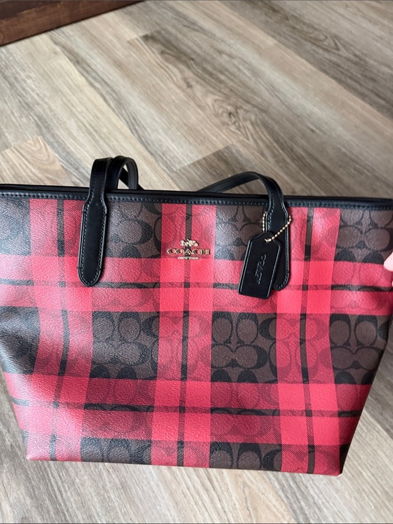 Coach Handbags - Coach Red Plaid Tote with Black Trim